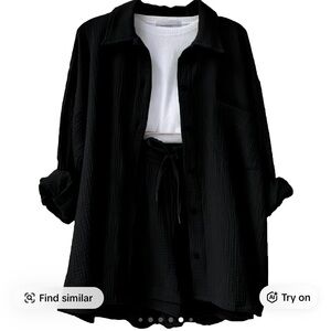 Black Two-Piece Set with Long Sleeve Shirt and Shorts